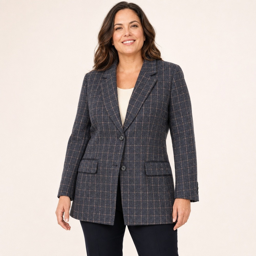 Coldwater Creek Women's Large Navy Tan Windowpane Plaid Wool Blend Blazer